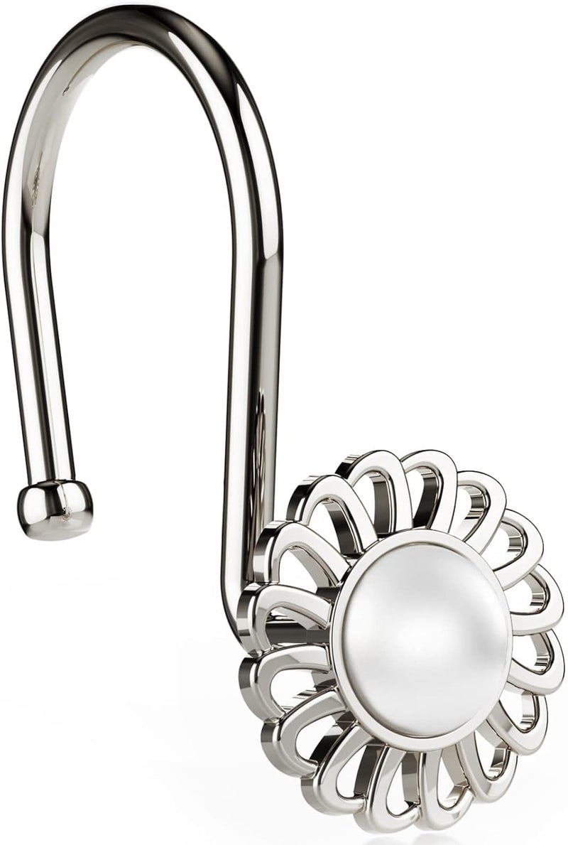 iToplin Nickel Shower Curtain Hooks Rings, Decorative Shower Curtain Hangers, Heavy Duty Metal Shower Rings, Sunflower Shower Hooks for Shower Curtain Rod and Liner, Bathroom Curtain Hooks, Set of 12 - Image 1